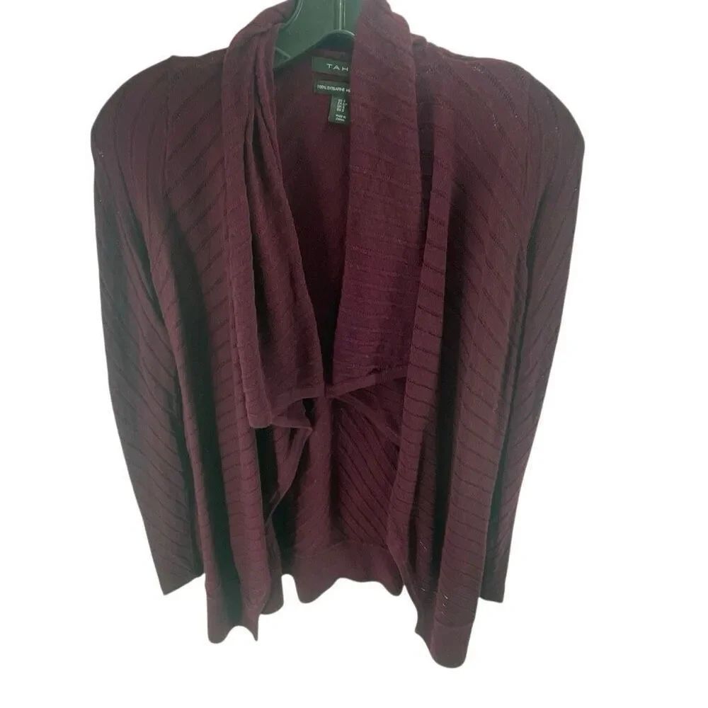 Tahari Women's Extra Fine Merino Wool Open Front Cardigan Burgundy Size Small